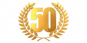 A golden logo, indicating 50 years.